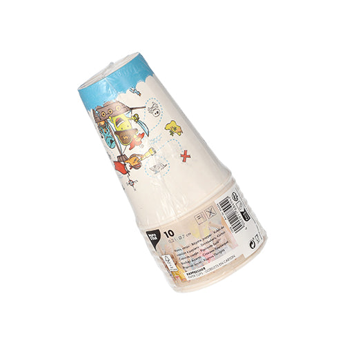 Ein Stapel farbenfroher PAPSTAR 10 Trinkbecher aus Pappe (0,2 L, Ø 7 cm x 9,7 cm) der PAPSTAR GmbH, in Folie verpackt und mit Barcode-Etikett versehen. Das Set enthält zehn umweltfreundliche Einwegbecher.