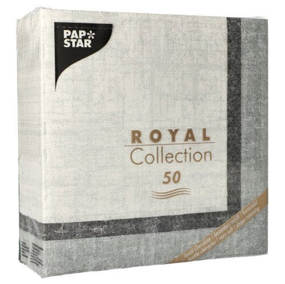 Le paquet "ROYAL Collection" de PAPSTAR GmbH comprend 50 serviettes de haute qualité (40 x 40 cm, 1/4-papillon) avec un emballage principalement blanc et gris, accentué par des écritures dorées et noires.