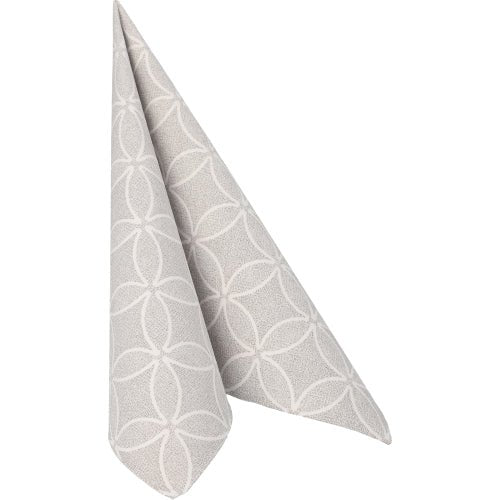 La PAPSTAR 50 serviettes "ROYAL Collection" 1/4 pliée 40 x 40 cm gris de PAPSTAR GmbH est une serviette gris clair avec un motif géométrique blanc subtil, élégamment pliée en forme de triangle debout sur fond blanc.