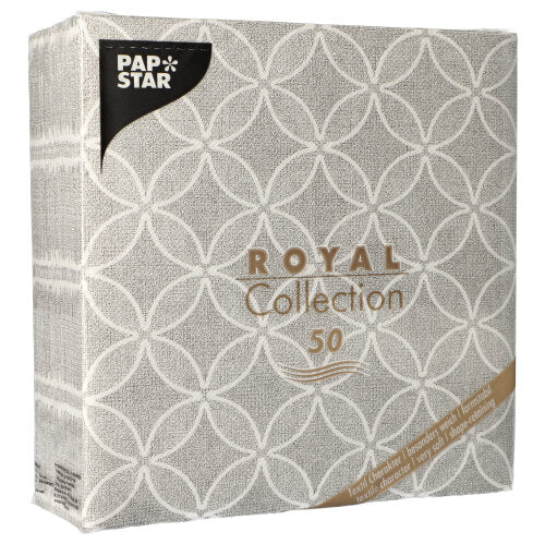 Un paquet carré de PAPSTAR 50 serviettes "ROYAL Collection" 1/4 pliée 40 x 40 cm gris de PAPSTAR GmbH, avec des serviettes de haute qualité en gris de la Royal Collection.