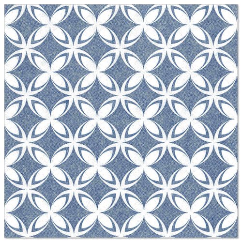 Un motif géométrique répétitif d'ovales blancs forme des motifs floraux sur fond bleu, rappelant les 50 serviettes "ROYAL Collection" (1/4-papillon, 40x40 cm) de PAPSTAR GmbH, conférant une élégance raffinée à chaque table dressée.