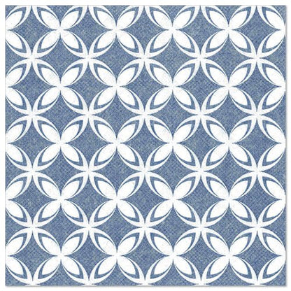Un motif géométrique répétitif d'ovales blancs forme des motifs floraux sur fond bleu, rappelant les 50 serviettes "ROYAL Collection" (1/4-papillon, 40x40 cm) de PAPSTAR GmbH, conférant une élégance raffinée à chaque table dressée.