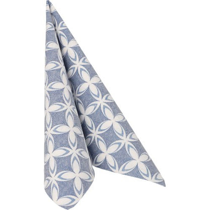 Une serviette bleue pliée PAPSTAR 50 serviettes "ROYAL Collection" 1/4-papillon 40x40 cm avec un motif floral géométrique blanc de PAPSTAR GmbH, se tenant debout sur un fond blanc.