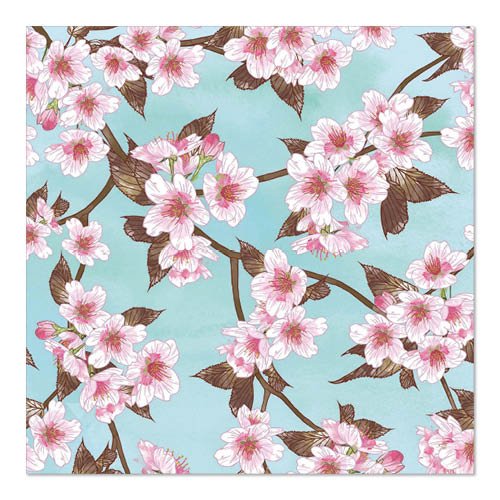 Les PAPSTAR GmbH 20 serviettes, 33 cm x 33 cm, 3-plis (Design Set 5), présentent des fleurs de cerisier roses avec des branches et des feuilles brunes sur un fond bleu clair, imprimées en pleine surface sur la serviette.