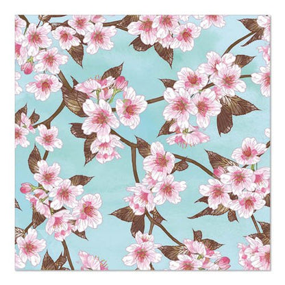Les PAPSTAR GmbH 20 serviettes, 33 cm x 33 cm, 3-plis (Design Set 5), présentent des fleurs de cerisier roses avec des branches et des feuilles brunes sur un fond bleu clair, imprimées en pleine surface sur la serviette.
