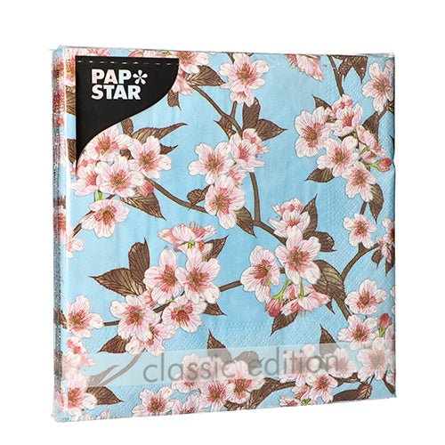 Un ensemble de 20 serviettes PAPSTAR, 33x33 cm, 3-plis, 1/4 pliage, Design Set 5 de PAPSTAR GmbH. Sur l'emballage transparent, on voit le motif floral et les étiquettes de marque.