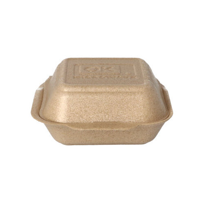 Les boîtes à hamburger Starpak 125 grandes avec couvercle rabattable (XPP, 7x15x15 cm, beige) sont idéales pour le transport des hamburgers et sont présentées sur fond blanc.