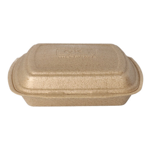 Une boîte à menu Starpak 50 avec couvercle rabattable XPP, beige (7 x 20,5 x 24 cm), boîte à emporter rectangulaire fermée en fibre moulée pour un transport sécurisé des aliments, représentée sur fond blanc.