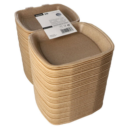 Boîtes à menu Starpak 50 avec couvercle rabattable, beige, en XPP (7 x 20,5 x 24 cm), pratiques pour le transport des aliments. L'emballage montre une étiquette noir et blanc et contient 50 boîtes.