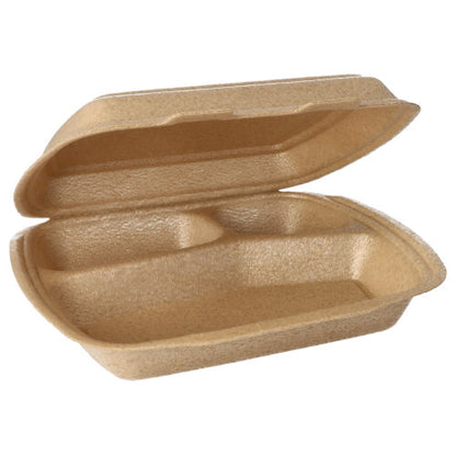 Les boîtes à menu Starpak 50 avec couvercle rabattable (beige, 7x20,5x24 cm) sont idéales pour le transport des aliments lorsqu'elles sont ouvertes avec leurs compartiments divisés et leur surface texturée.