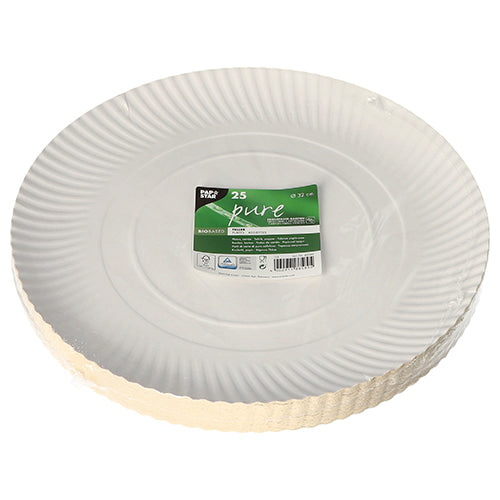 PAPSTAR GmbH 25 assiettes en carton "pure" rondes blanches : Assiettes en carton jetables blanches en carton durable, chaque paquet contient 25 assiettes écologiques avec un bord ondulé et une étiquette vert-blanc, emballées dans un film transparent.