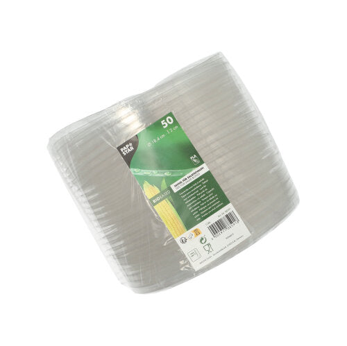 Un paquet de 50 couvercles transparents et ronds pour bols à salade en PLA de la PAPSTAR GmbH (2 cm de hauteur), idéal pour garder les salades fraîches et parfaitement adapté aux assiettes en plastique transparent.