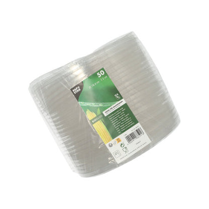Un paquet de 50 couvercles transparents et ronds pour bols à salade en PLA de la PAPSTAR GmbH (2 cm de hauteur), idéal pour garder les salades fraîches et parfaitement adapté aux assiettes en plastique transparent.