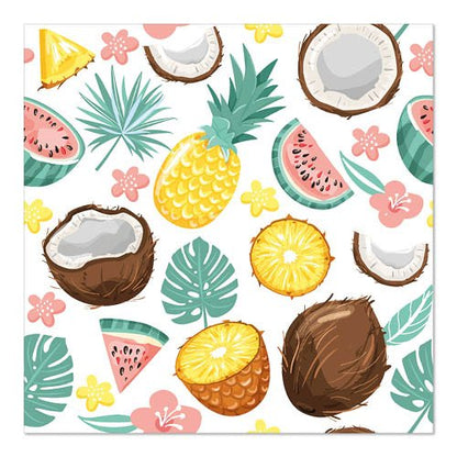 Un motif sans couture d'ananas, noix de coco, tranches de pastèque, feuilles tropicales et fleurs sur fond blanc - idéal pour PAPSTAR 20 serviettes, 33 cm x 33 cm 3-plis 1/4-pli Design Set 5 de PAPSTAR GmbH.