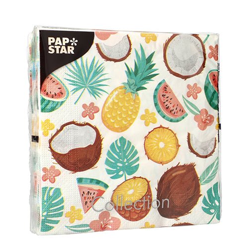 PAPSTAR GmbH 20 serviettes, 33x33 cm, 3-plis, Design Set 5 : Motifs tropicaux colorés avec ananas, noix de coco, pastèque, fleurs et feuilles vertes sur fond blanc.