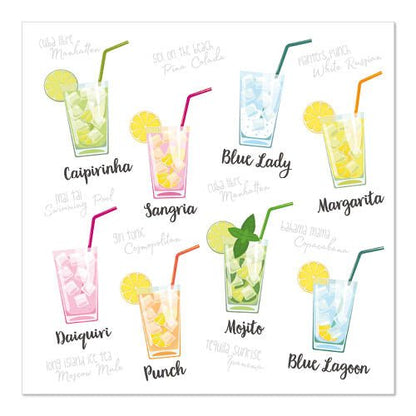 Illustration de neuf cocktails étiquetés dans des verres avec garnitures et pailles, placée contre PAPSTAR GmbH 20 serviettes, 33 cm x 33 cm, 3-plis 1/4-pli Design Set 5 - parfait pour des soirées cocktails élégantes.