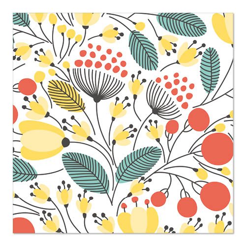 Les PAPSTAR 20 serviettes, 33 cm x 33 cm, 3 plis de PAPSTAR GmbH montrent des fleurs stylisées et des feuilles en jaune, rouge, pétrole et noir sur fond blanc - parfait pour une décoration de table vivante.