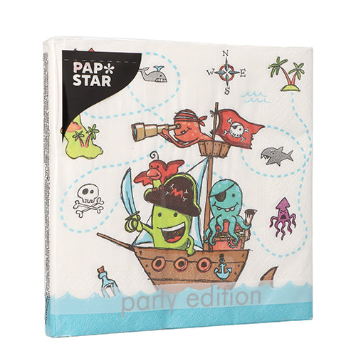 Les PAPSTAR 20 serviettes (33x33 cm, 3 plis, 1/4 pli, Design Set 2) de la PAPSTAR GmbH présentent des animaux marins de dessin animé en tant que pirates sur un bateau avec des symboles de pirates et une carte au trésor en arrière-plan.