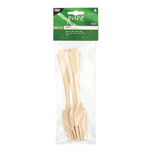 Dans un emballage en plastique transparent se trouvent six fourchettes en bois beige, biodégradables PAPSTAR "pure" de 19,5 cm au design vintage, avec une étiquette supérieure vert-blanc contenant les informations produit de PAPSTAR GmbH.