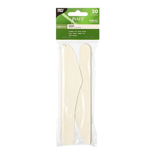 Un emballage en plastique transparent avec 20 couteaux en papier blancs PAPSTAR "pure", chacun de 15,8 cm, écologique et biodégradable, de PAPSTAR GmbH. L'étiquette supérieure indique le nom du produit, la taille, la caractéristique écologique et la quantité.