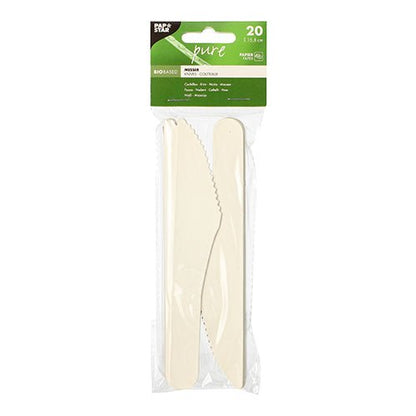 Un emballage en plastique transparent avec 20 couteaux en papier blancs PAPSTAR "pure", chacun de 15,8 cm, écologique et biodégradable, de PAPSTAR GmbH. L'étiquette supérieure indique le nom du produit, la taille, la caractéristique écologique et la quantité.