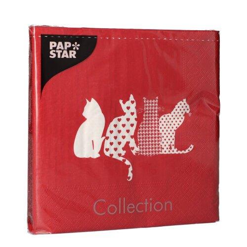 Les PAPSTAR 20 serviettes (33x33 cm, 3 épaisseurs, rouge) de la PAPSTAR GmbH présentent quatre silhouettes de chats blancs dans différents designs, ajoutant ainsi une touche ludique à la table dressée.