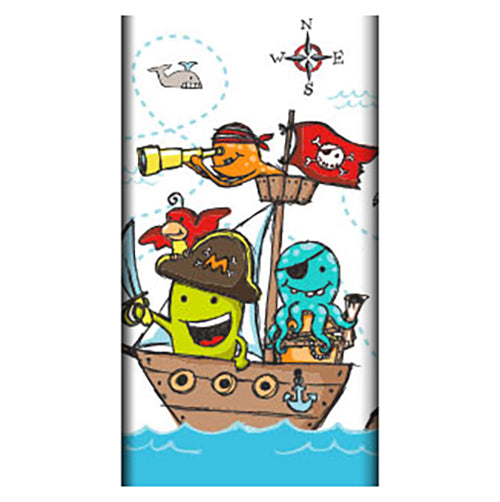 Bateau pirate de dessin animé avec des créatures marines joyeuses, y compris une figure jaune, un oiseau rouge et une pieuvre bleue. Avec baleine et compas – idéal comme PAPSTAR nappe, papier (120 x 180 cm) de la PAPSTAR GmbH pour une décoration de table élégante.