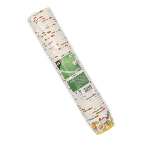 Une pile de 50 PAPSTAR gobelets à glace en carton rond de PAPSTAR GmbH emballée dans du film plastique. Des motifs colorés de fruits et légumes au bas les rendent parfaits pour des desserts comme des coupes glacées.