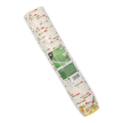 Une pile de 50 PAPSTAR gobelets à glace en carton rond de PAPSTAR GmbH emballée dans du film plastique. Des motifs colorés de fruits et légumes au bas les rendent parfaits pour des desserts comme des coupes glacées.