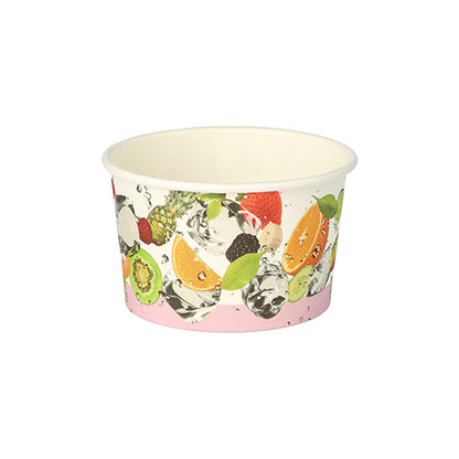 Le PAPSTAR 50 gobelets à glace, carton rond, de PAPSTAR GmbH présente un design en papier blanc avec des motifs de fruits vifs - orange, kiwi, fraise et éclaboussures d'eau - parfait pour servir de la crème glacée, représenté sur un fond blanc simple.