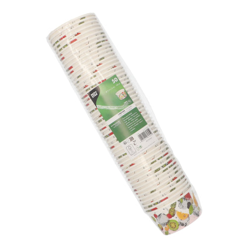 Les 50 gobelets à glace « carton rond » de PAPSTAR GmbH sont livrés dans un emballage plastique avec une étiquette verte et présentent des motifs de légumes illustrés - parfaits bols en carton jetables pour desserts ou comme gobelets à glace lors de votre prochaine réunion.