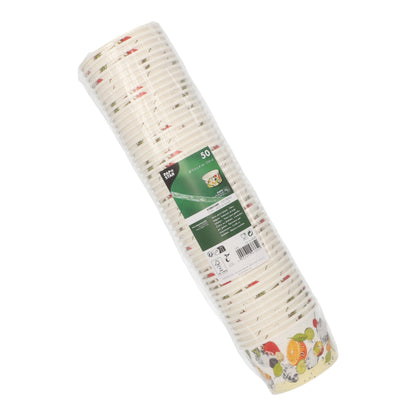 L'emballage scellé PAPSTAR 50 gobelets à glace, carton rond de PAPSTAR GmbH avec motif de fruits et légumes est idéal pour servir de la glace. L'étiquette produit verte est bien visible sur l'emballage.