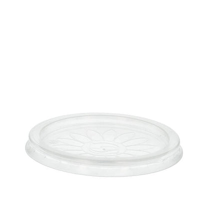 Couvercles Starpak 25 "To Go" en PP transparent et résistant, chacun Ø 11,5 cm, avec un motif floral discret au centre et illustrés sur un fond blanc simple. (25 pièces).