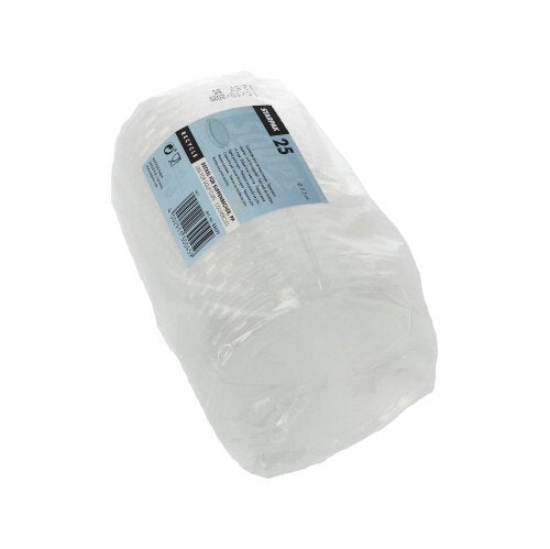Un paquet enveloppé dans un film plastique transparent contenant 25 couvercles Starpak "To Go" en PP transparent (Ø 11,5 cm) avec une étiquette bleu-blanc avec des informations sur le produit.
