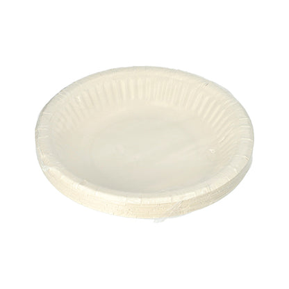 Ein 12er-Pack PAPSTAR Schalen rund (19 cm, 3 cm hoch, weiß) der PAPSTAR GmbH mit geriffeltem Rand wird in Schrumpffolie verpackt vor weißem Hintergrund gezeigt - ideal für Partys und Feste.