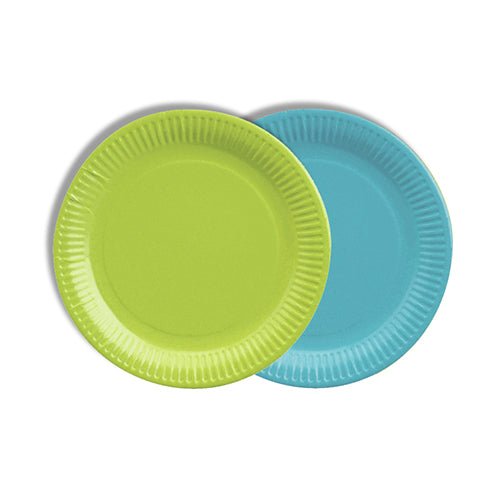 Deux PAPSTAR 12 assiettes en carton rondes, Ø 18 cm, couleurs assorties, les PAPSTAR Les assiettes GmbH se superposent : vert citron à l'avant, bleu clair à l'arrière, toutes deux dotées d'un bord strié. Ces assiettes écologiques sont idéales pour les réceptions respectueuses de l'environnement.