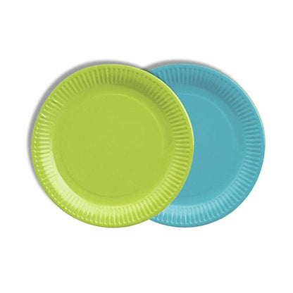 Deux PAPSTAR 12 assiettes en carton rondes, Ø 18 cm, couleurs assorties, les PAPSTAR Les assiettes GmbH se superposent : vert citron à l'avant, bleu clair à l'arrière, toutes deux dotées d'un bord strié. Ces assiettes écologiques sont idéales pour les réceptions respectueuses de l'environnement.