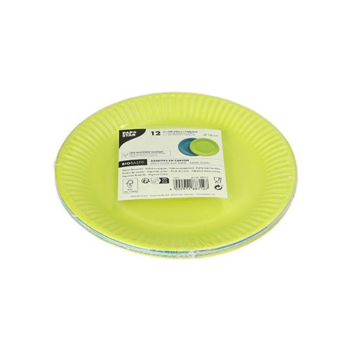 Un lot de 12 PAPSTAR Assiettes en carton, rondes, Ø 18 cm, couleurs assorties, de PAPSTAR GmbH – dans un emballage en plastique muni d'une étiquette (code-barres, icônes, texte), biodégradable pour une utilisation durable.