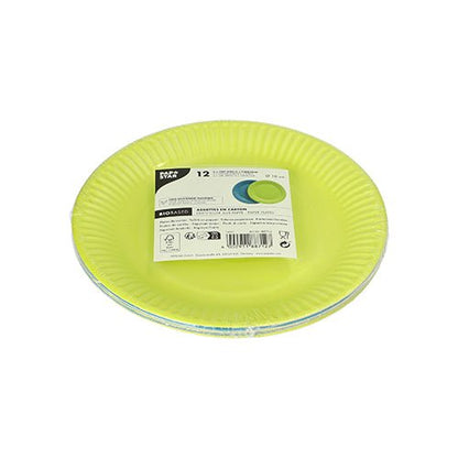 Un lot de 12 PAPSTAR Assiettes en carton, rondes, Ø 18 cm, couleurs assorties, de PAPSTAR GmbH – dans un emballage en plastique muni d'une étiquette (code-barres, icônes, texte), biodégradable pour une utilisation durable.