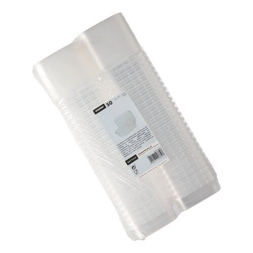 Ein Stapel Starpak 50 Feinkostbecher, PP transparent und eckig mit Originalitätsverschluss, ist in Plastik verpackt und trägt ein weißes Etikett mit Produktinfos, Barcode und Sicherheitsverschluss.