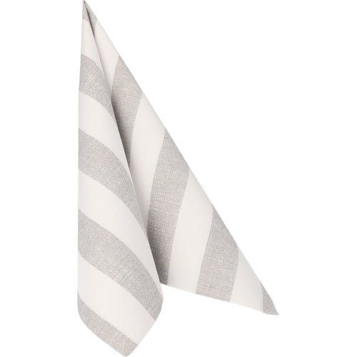 Une serviette en tissu rayée gris-blanc pend devant un fond blanc, semblable aux 50 serviettes "ROYAL Collection" 1/4 pliée 40 x 40 cm gris de PAPSTAR GmbH.
