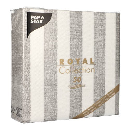 La PAPSTAR GmbH propose un paquet de 50 serviettes "ROYAL Collection" (1/4 pliée, 40x40 cm) en gris. L'emballage présente un texte doré élégant sur un design à rayures verticales gris et blanc.