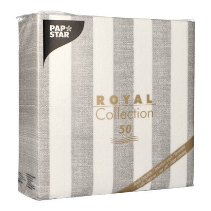 La PAPSTAR GmbH propose un paquet de 50 serviettes "ROYAL Collection" (1/4 pliée, 40x40 cm) en gris. L'emballage présente un texte doré élégant sur un design à rayures verticales gris et blanc.