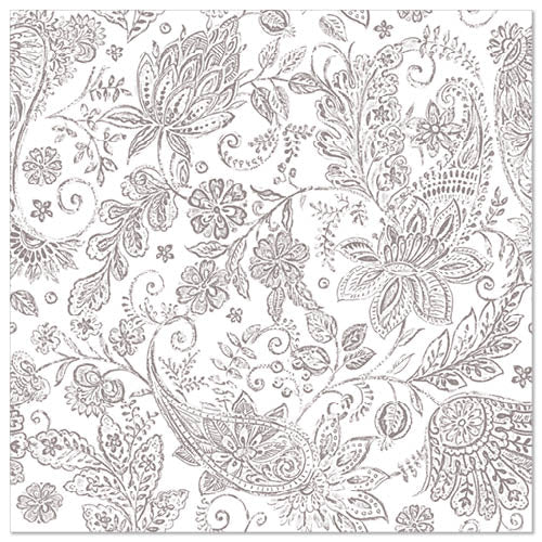 Un motif dense et délicat de paisley floral gris avec des feuilles, des fleurs et des volutes remplit chaque serviette PAPSTAR 50 "ROYAL Collection" 1/4 pliée 40 x 40 cm de PAPSTAR GmbH - un style noble pour des occasions élégantes.