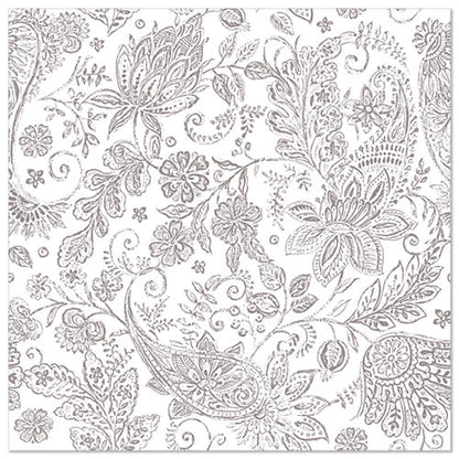 Un motif dense et délicat de paisley floral gris avec des feuilles, des fleurs et des volutes remplit chaque serviette PAPSTAR 50 "ROYAL Collection" 1/4 pliée 40 x 40 cm de PAPSTAR GmbH - un style noble pour des occasions élégantes.