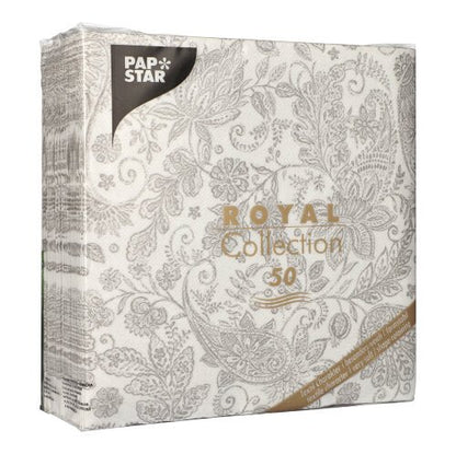 Un paquet de 50 serviettes PAPSTAR "ROYAL Collection" 40x40 cm, 1/4 pliée en gris avec un motif floral et paisley élégant, en matériau de haute qualité, emballé d'origine par PAPSTAR GmbH.