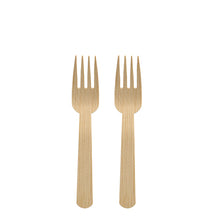 Zwei PAPSTAR Gabeln aus Bambus "pure", 14 cm, liegen nebeneinander auf einem schlichten weißen Hintergrund.