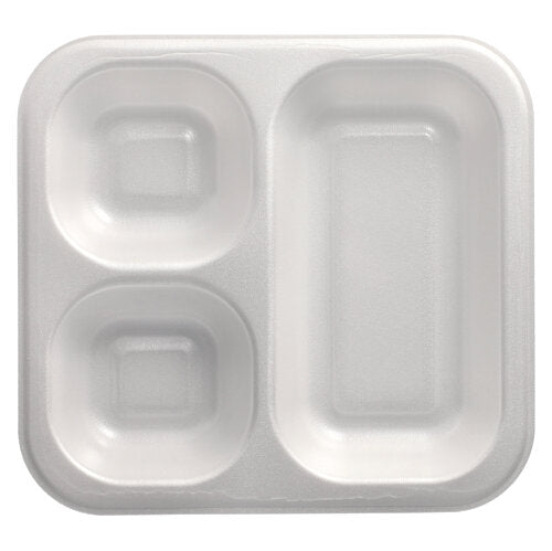 Les Starpak 50 barquettes scellées sont des plateaux XPS blancs laminés (4,2 x 24,5 x 26,5 cm) avec trois compartiments - deux petits carrés à gauche et un grand rectangle à droite - représentés vides d'en haut, parfaits pour une utilisation dans la gastronomie.