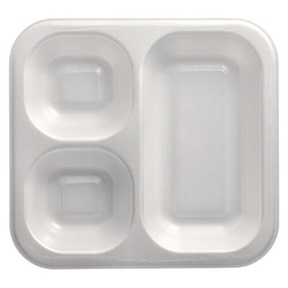 Les Starpak 50 barquettes scellées sont des plateaux XPS blancs laminés (4,2 x 24,5 x 26,5 cm) avec trois compartiments - deux petits carrés à gauche et un grand rectangle à droite - représentés vides d'en haut, parfaits pour une utilisation dans la gastronomie.