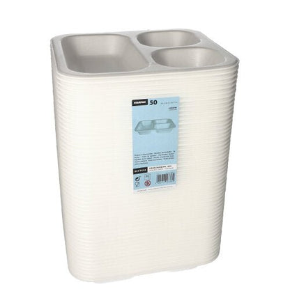 Une pile de Starpak 50 barquettes scellées - plateaux XPS blancs laminés avec trois compartiments (4,2 × 24,5 × 26,5 cm), enveloppés dans du film plastique transparent et étiquetés en bleu - idéaux pour la gastronomie et l'emballage alimentaire.